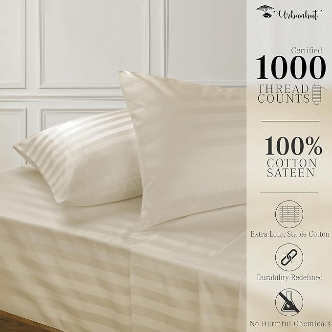 URBANHUT 1000 Thread Count Egyptian Cotton Damask Striped King Sheets, Long Staple Soft & Breathable, 4 Pc Bed Sheet Sets, Luxury Hotel Sateen Sheets Fits 16" Deep Pocket - Ivory