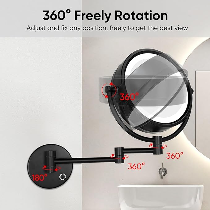 GURUN Wall Mounted Hardwired Makeup Mirror with 3 Tones LED Lights 10x Magnifying Mirror for Bathroom Bedroom 13" Extendable Arm Direct Wire Black Finish M1809DB(10x,Black)