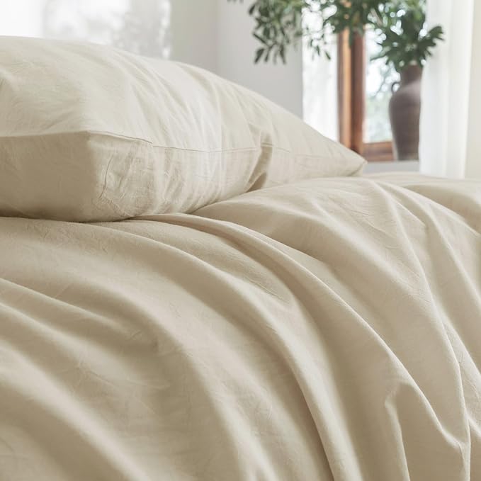 FOSSA Duvet Cover Set 100% Washed Cotton Linen Feel Super Soft Breathable Cozy 3 Pieces Bedding Sets Solid Almond Grey Full/Double