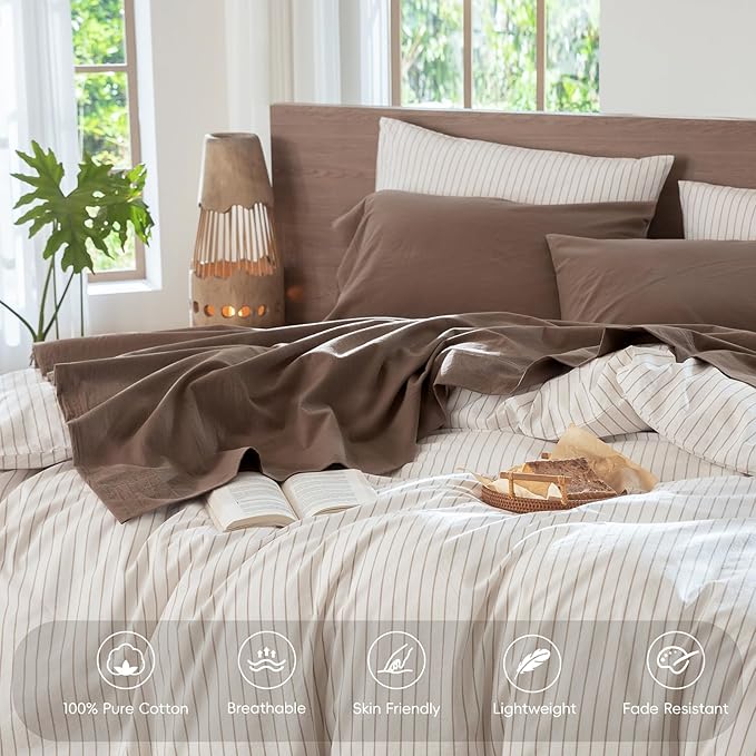 MooMee Bedding Sheet Set 100% Washed Cotton Linen Like Textured Breathable Durable Soft Comfy (Brown, Twin)