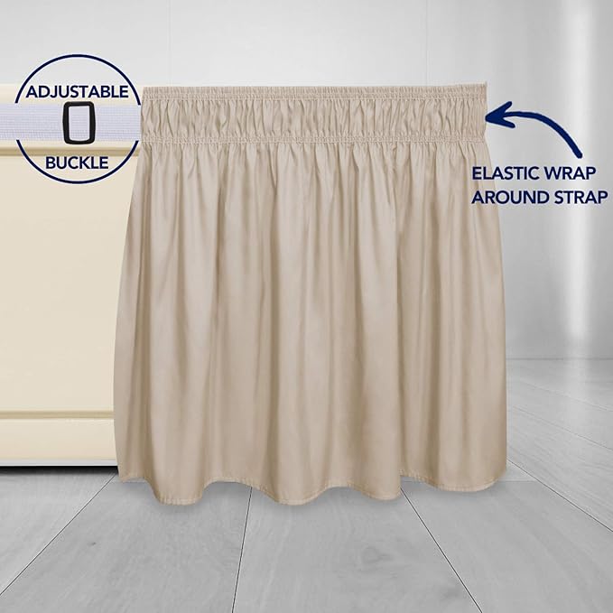 PureFit Wrap Around Ruffled Bed Skirt with Adjustable Elastic Belt - 22 Inch Drop Easy to Put On, Wrinkle Free Bedskirt Dust Ruffles, Bed Frame Cover for Twin, Twin XL and Full Size Beds, Beige