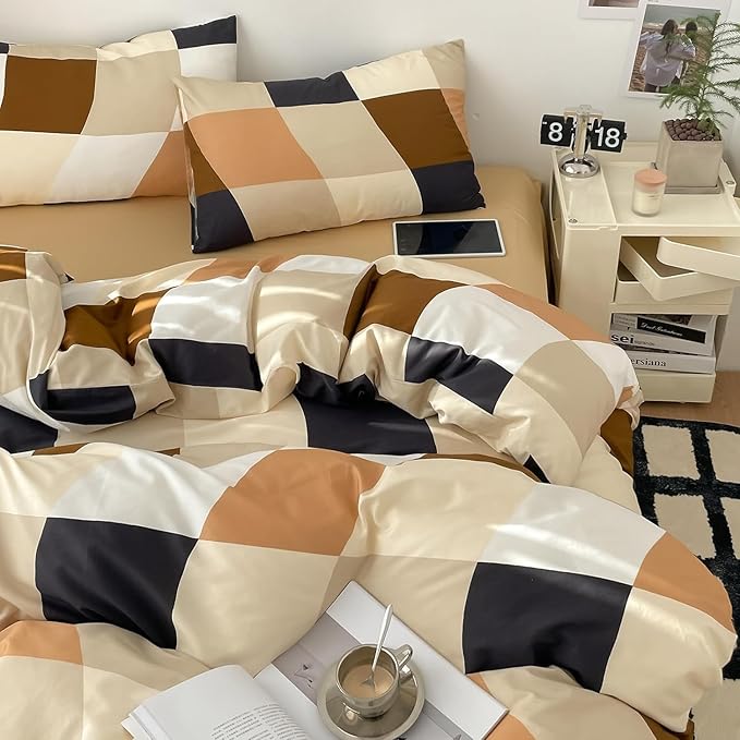 KAREVER Checkerd Comforter Set King Multicolored Grid Bedding Set Men Women Modern Chic Checkered Bed Blanket White Black Plaid Buffalo King Bedding Comforter All Season Hotel Quality