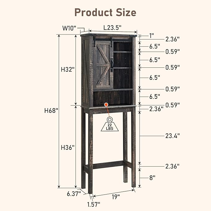 RedLemon Farmhouse Over The Toilet Storage Cabinet, 68" Tall with Sliding Barn Doors & Adjustable Shelves, Rustic Above Toilet Storage Cabinet, Dark Rustic Oak