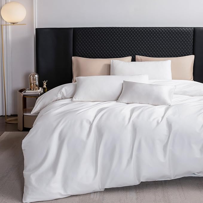 MooMee Duvet Cover Set 100% Extra Long Staple Cotton 600 Thread Count Silky Sateen Smooth Luxury Soft Breathable Durable Hotel Quality Bedding, 3 Pieces (White, Full 80"x90")
