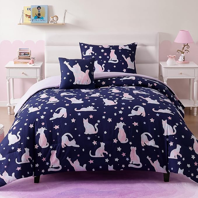 Twin Comforter Set for Girls-3 Pieces Cute Cat Twin Bedding Sets for Kids,1 Comforter,1 Sham and 1 Decor Pillow