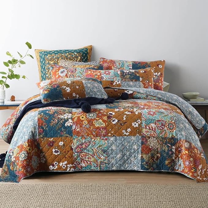 Cotton Bedspread Quilt Bedding Sets 3 Pieces Reversible Coverlet Sets Comforters Luxury Paisley Floral Patchwork Brown Bedspread, King Size