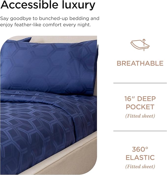 Threadmill 100% Cotton Sheets for Queen Size Bed - 600 Thread Count Queen Bed Sheets Set with 16” Deep Pocket - Jacquard Sateen Weave 4-Piece Bedding Set with Cooling Effect, Folkstone Blue