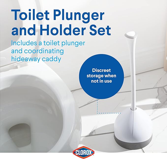 Clorox Toilet Plunger with Hideaway Caddy, Set of 2 – for Bathroom Organization and Storage, Bathroom Accessories, Toilet Unclogger, with Holder, White