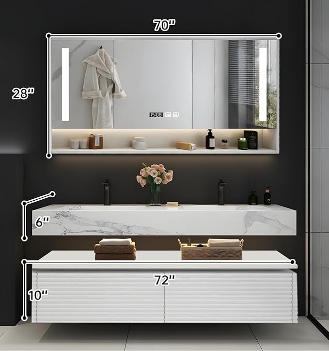 Double Sink Bathroom Vanity, Floating Bathroom Vanity with LED Smart Defogging Mirror and One-Piece Sink, Modern Bathroom Vanities with Open Floating Shelf, Rock Countertop & Faucet (White,72")