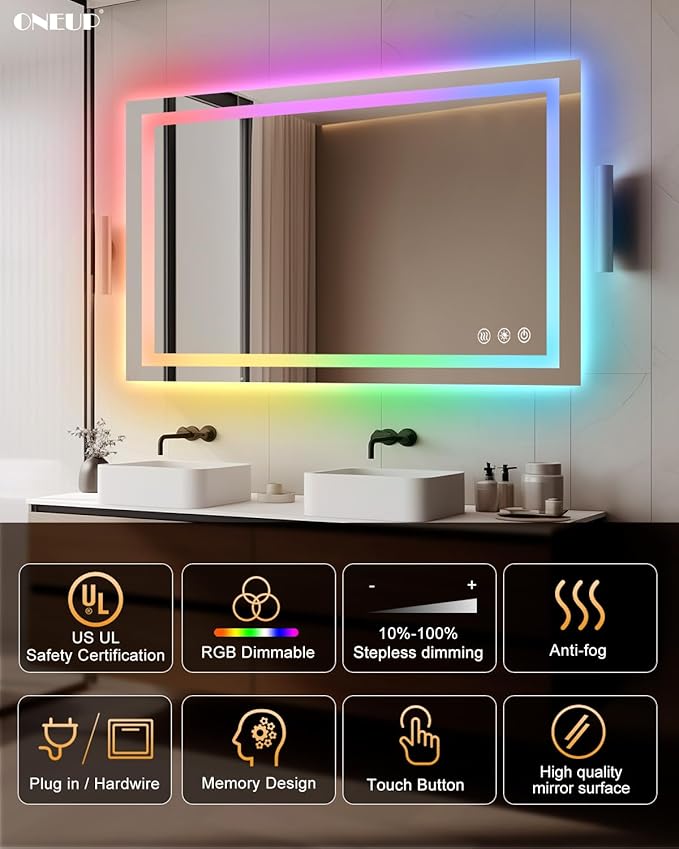 oneup 40x24 Inch LED Bathroom Mirror,RGB Color Changing Bathroom Mirror with Lights,Anti-Fog Wall-Mounted Vanity Mirrors,Smart Dimmable Multicolor Lighted,IP54 Waterproof (Horizontal/Vertical)