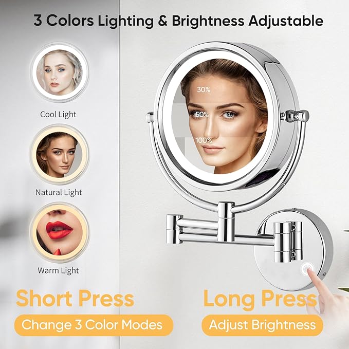 GURUN Wall Mounted Hardwired Makeup Mirror with 3 Tones Dimmable LED Lights 10x Magnifying Mirror with Touch Control for Bathroom Bedroom 13" Extendable Arm Direct Wire M1809D-T(10x,Chrome)