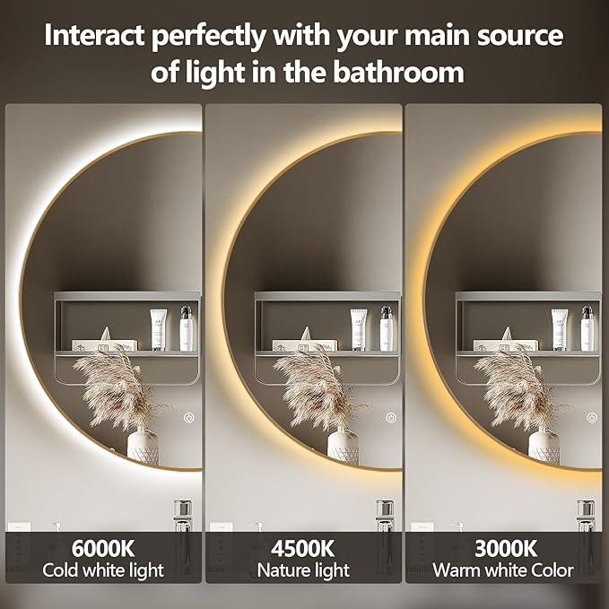 Niccy 36" LED Backlit Round Mirror for Bathroom, Gold Framed Vanity Light Wall Mirror LED Smart Circle Mirrors with 3 Lighting Colors, Dimmable Lighted Mirror with Anti-Fog, IP65 Waterproof