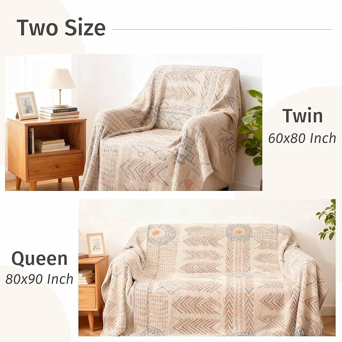 Qidordour Boho Throw Blanket, 80"x90" Muslin Blankets, 100% Organic Cotton Blanket for Couch Sofa, Lightweight Quilt, All Season Bed Throw, Farmhouse Home Decor, D-Indian Arrowhead