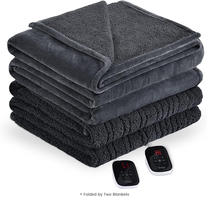 Bearhug Electric Blanket Queen Size 84" x 90", Dual Controllers Grey Heated Blanket, Velvet & Sherpa, 10-Heating Level & 1-12H Auto Off, Over-Heat Protect, ETL, Machine Washable