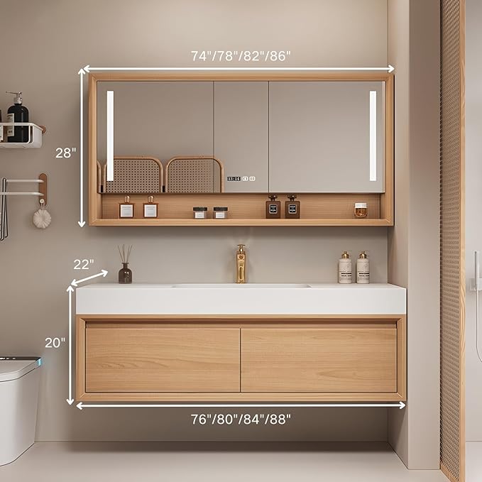 Single Sink Bathroom Vanity, 76Inch Modern Bathroom Vanity Set Includes LED Smart Defogging Mirror Cabinet and Open Shelf, Floating Vanities with One Piece Sink and Drawers Storage(Original Wood )