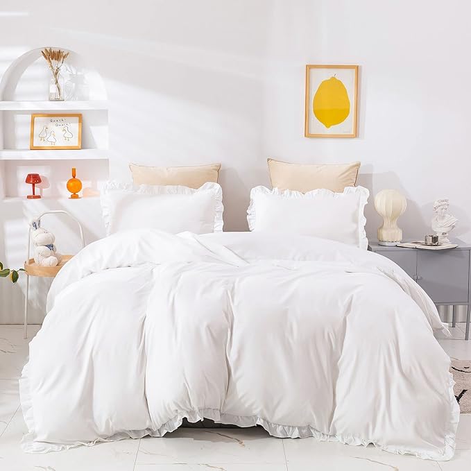 Cottonight White Comforter Set Queen Ruffle Bedding Comforter Set Farmhouse Boho Ruffles White Blanket Quilts Soft Breathable Bedding Set for Queen Bed
