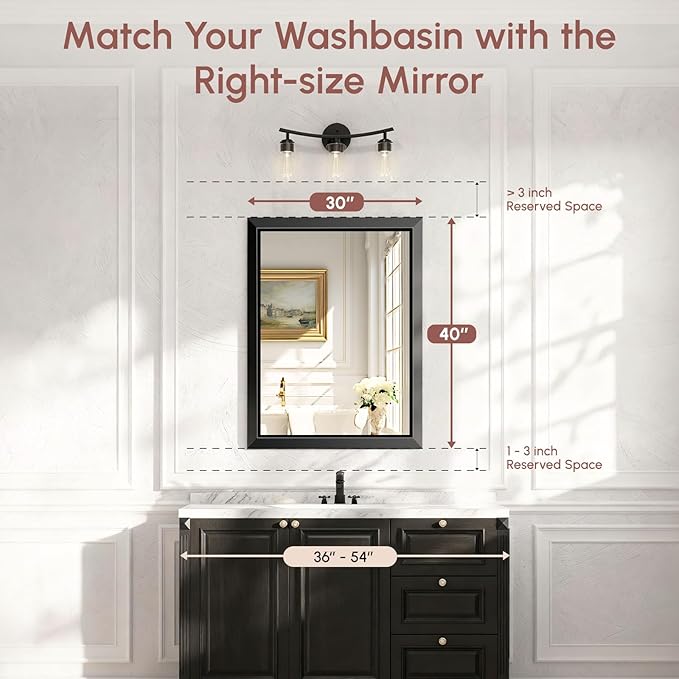USHOWER Black Bathroom Mirrors for Over Sink, 30x40 Inch Beveled Rectangular Bathroom Vanity Mirror, Brushed Thick Aluminum Framed, Anti-Rust, 4mm Copper-Free Silver Wall Mirror