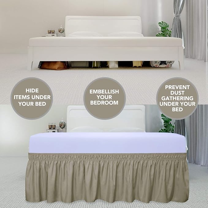 PureFit Wrap Around Ruffled Bed Skirt with Adjustable Elastic Belt - 14 Inch Drop Easy to Put On, Wrinkle Free Bedskirt Dust Ruffles, Bed Frame Cover for Queen, King and C-King Size Beds, Sand