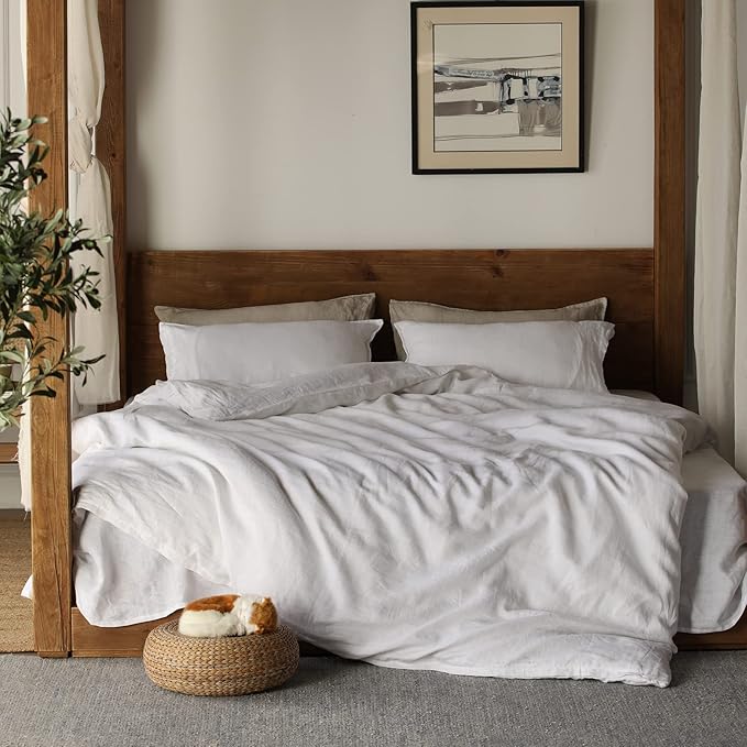 XZ XIFA White Linen Duvet Cover Queen Size Bedding,100% Natural French Flax, Breathable & Durable Cooling Duvet Cover Sets 3pcs-1 Duvet Cover and 2 Pillowcases