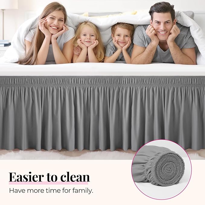 RIMELA Gray Queen Bed Skirt 12 Inch Drop,Elastic Bed Skirts Queen Size Dust Ruffle, Light Grey Bedskirt for Adjustable Bed Base Solid Fade Resistant Silky Fabric Machine Washable Easy to Install
