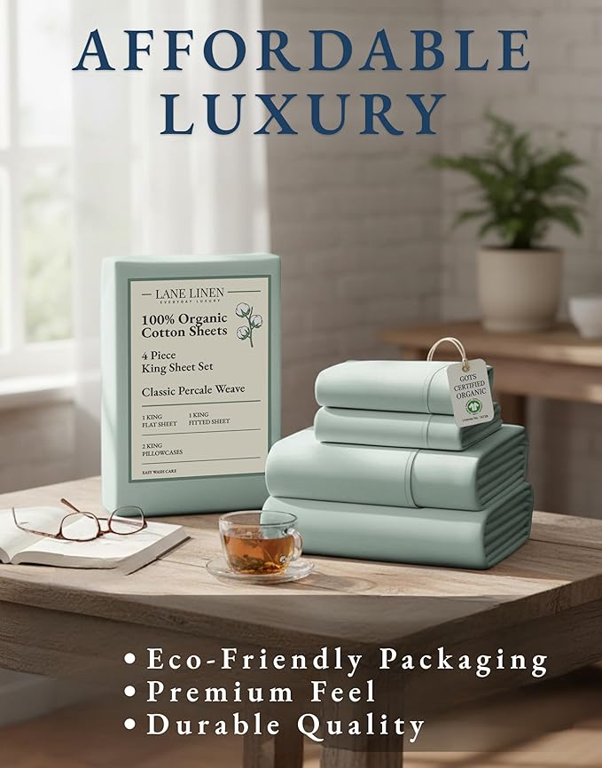 LANE LINEN 100% Organic Cotton Sheets King Size, 15" Deep Pocket Fully Elasticized Soft & Comfy Percale Bedding, Eco Friendly Naturally Temperature Regulating Cotton Sheets King- Cool Blue