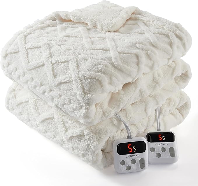 CAROMIO Electric Blanket King Size Dual Control - Thick Tufted Sherpa Heated Blanket with 10 Heating Levels and 10 Time Settings, ETL Certified Fast Heating Blankets King Size 90"×100", White
