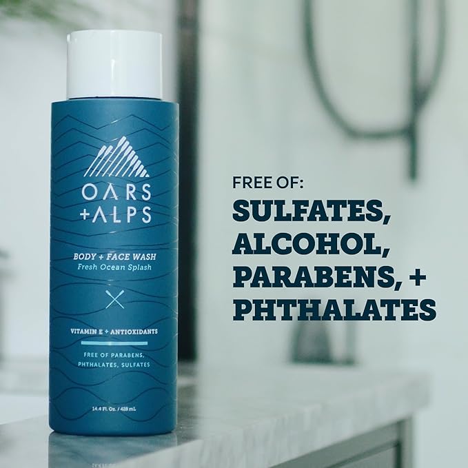 Oars + Alps Men's Moisturizing Body and Face Wash, Skin Care Infused with Vitamin E and Antioxidants, Sulfate Free, Fresh Ocean Splash, 3 Pack