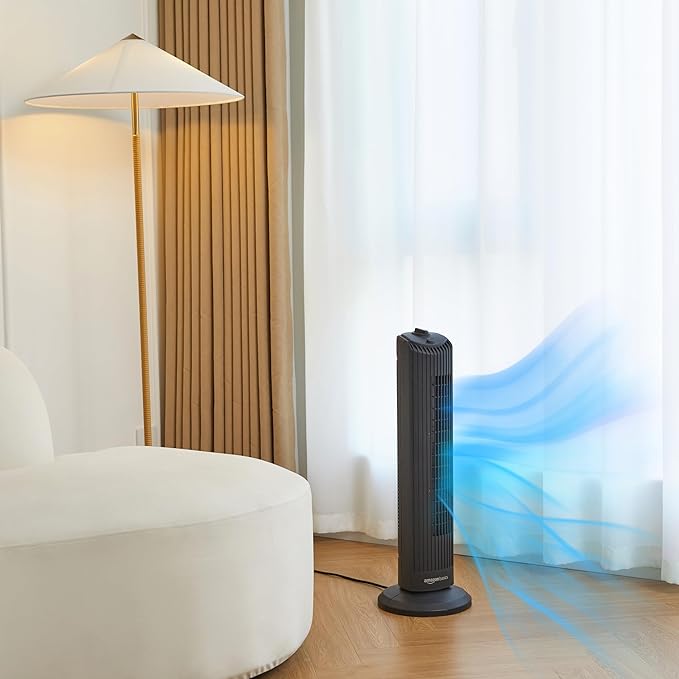 Amazon Basics 28" 60-Degree Oscillating Tower Fan for Bedroom, Living Room, Office, With 3 Speeds, Intuitive Mechanical Control, Black, 35W, 27.8"H x 9.4"D x 9.4"W