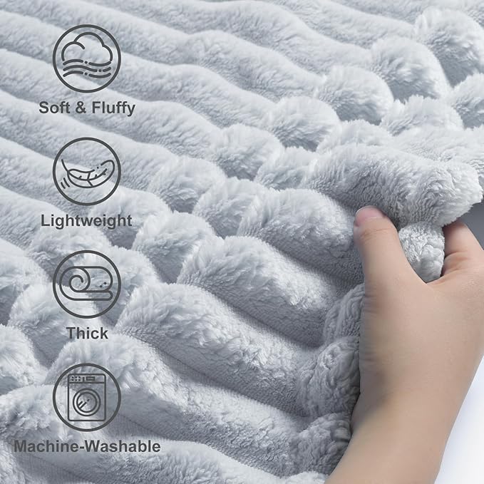 decorUhome Christmas Soft Fleece Light Grey Twin Blanket for Bed, Cozy Fluffy Plush Flannel Striped Throws for Couch Sofa, Lightweight Decorative Ribbed Fuzzy Blanket for Woman, 60x80 Inches