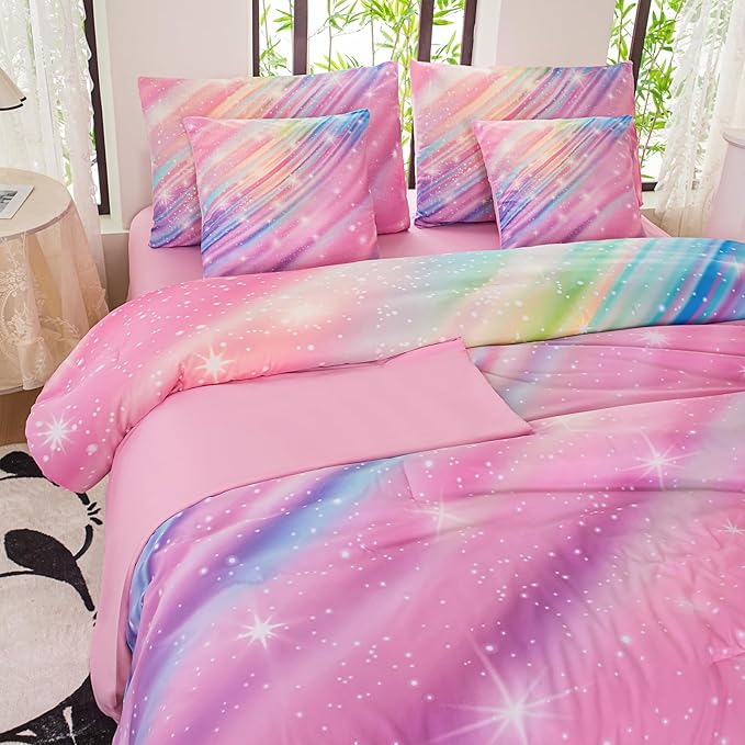 Full Comforter Set for Girls Galaxy Bedding 7pieces, Ombre Bedding Comforter Sets Rainbow Comforter, Twill Pink