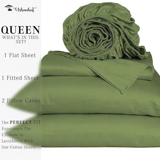 URBANHUT 700 Thread Count Egyptian Cotton Queen Sheets, 4Pc Bed Sheet Set Soft Luxury Bed Sheets for Queen Size Bedding, Sateen Weave Hotel Sheets, 16'' Elasticized Deep Pocket - Sage