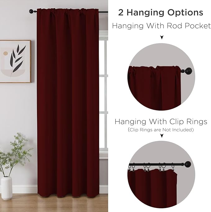 CUCRAF Burgundy Red Blackout Curtains 108 inch Length 2 Panels Set, Rod Pocket Room Darkening Drapes for Bedroom Living Room, Insulated Thermal Light Blocking Window Curtain (W52 x L108 Inch)