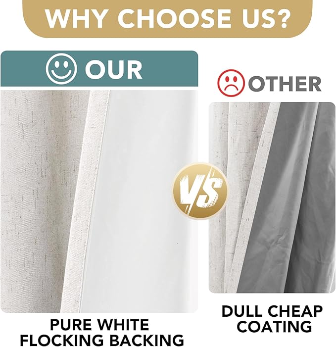 H.VERSAILTEX Primitive Linen Curtains 100% Blackout Curtain Drapes Burlap Fabric Curtains with White Thermal Insulated Liner, Grommet Top Drapes Living Room/Bedroom (2 Panels, 42 x 63 Inch, Ivory)