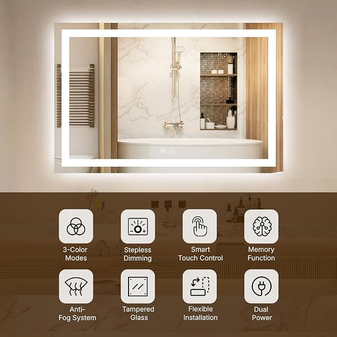 28 x 36 LED Bathroom Mirror with Lights, Lighted Bathroom Vanity Mirror for Wall, Espejos para Baños, Frontlit & Backlit, Anti-Fog, Shatterproof, 3 Adjustable Color Temperatures & Memory Function