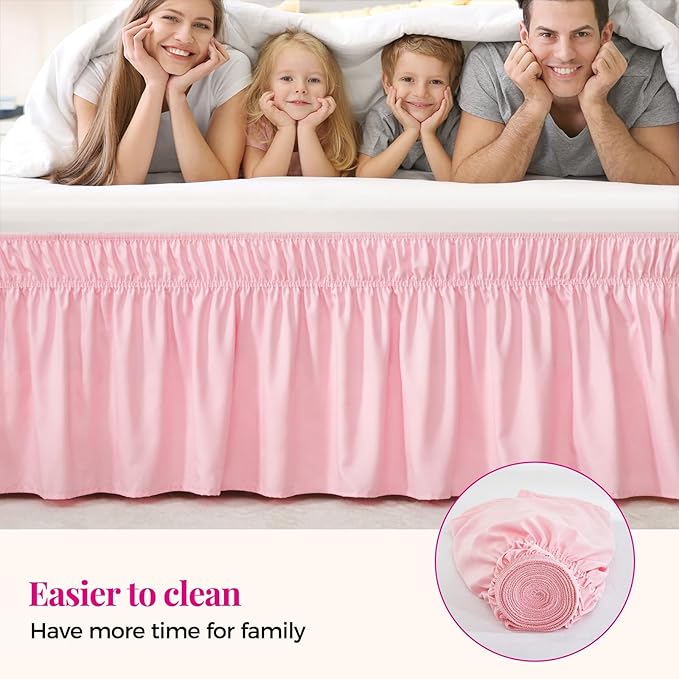 RIMELA Bed Skirt Full Size 15 Inch Drop, Elastic Bed Skirting for Adjustable Bed Base and Frame, Bedding Dust Ruffle Easy to Install, Hotel Quality Wrap Around Bedskirt (Pink)