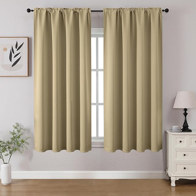 CUCRAF Beige Blackout Curtain 45 inch Length 2 Panels, Rod Pocket Room Darkening Drapes for Bedroom Living Room, Insulated Thermal Light Blocking Window Curtains (W52 x L45 Inch)