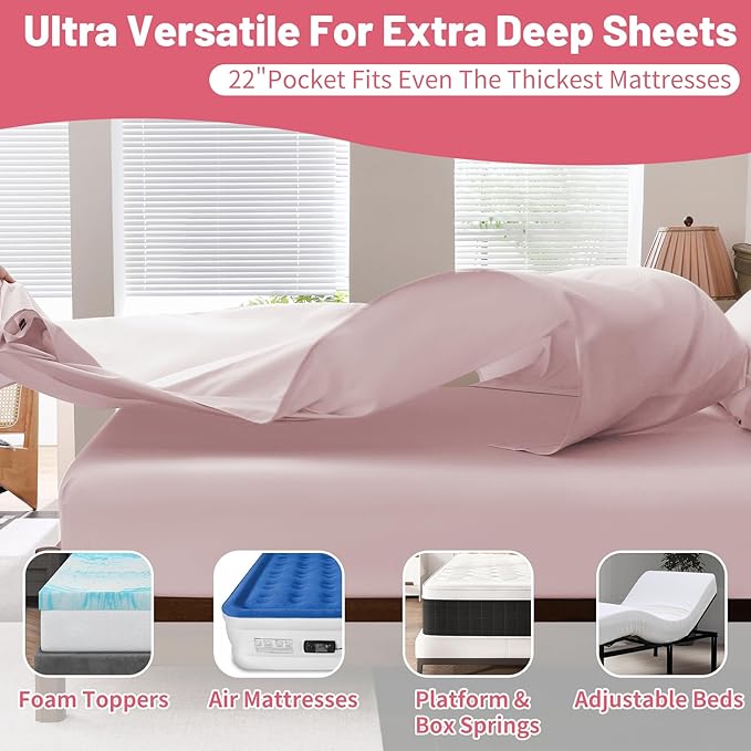 Extra Deep Pocket Queen Sheets 18-24 Inch 1000 Thread Count 100% Egyptian Cotton Sateen Weave Soft Breathable 4 Pieces（Queen,Light Pink）