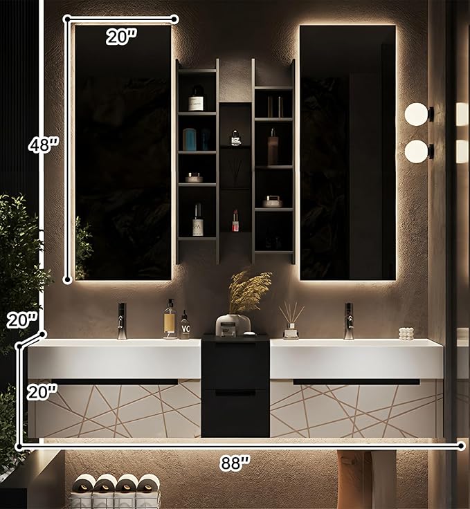 Double Bathroom Vanity with Sink, Floating Modern Bathroom Vanity Set Includes LED Smart Defogging Mirror and Open Storage Wall Cabinet, Solid Wood Bathroom Cabinet with Large Drawer (Apricot, 88")
