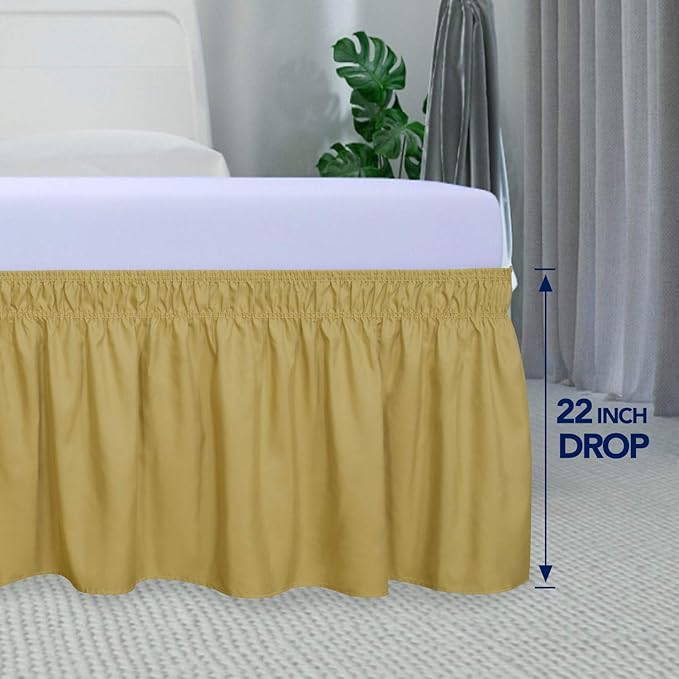 PureFit Wrap Around Ruffled Bed Skirt with Adjustable Elastic Belt - 22 Inch Drop Easy to Put On, Wrinkle Free Bedskirt Dust Ruffles, Bed Frame Cover for Twin,Twin XL and Full Size Beds, Gold