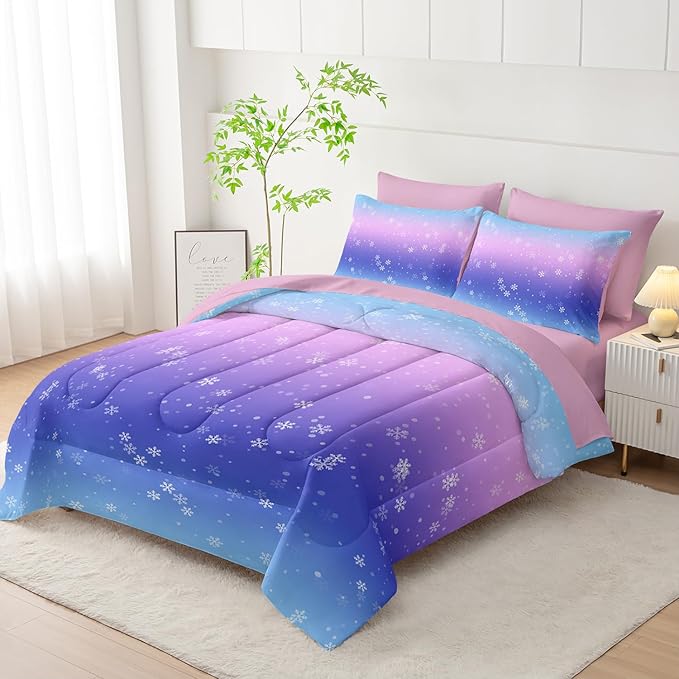 7 Piece Bed in a Bag Twin Size Comforter, Blue Purple Snowflake Quilt Set, Soft Pink Sheets, All Season Bedding Set, Microfiber