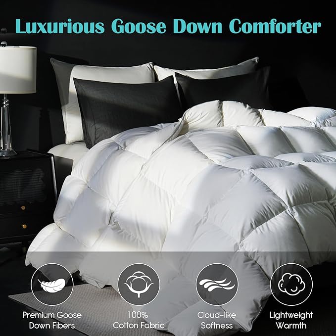 Goose Feather Down Fiber Comforter Full Size, 100% Cotton Cover Ultra Soft Fluffy Duvet Insert Full, All Season Luxurious Hotel Bedding Comforter, White 82"x86"