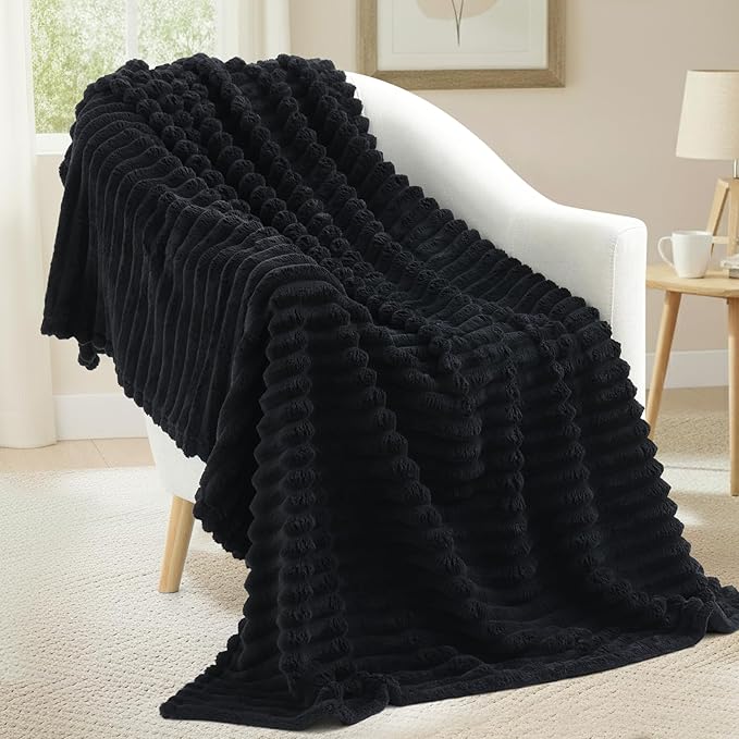 decorUhome Christmas Soft Fleece Black Twin Blanket for Bed, Cozy Fluffy Plush Flannel Striped Throws for Couch Sofa, Lightweight Decorative Ribbed Fuzzy Blanket for Woman, 60x80 Inches