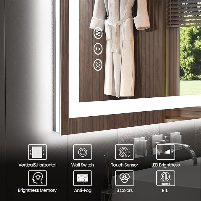 48"X32" LED Bathroom Mirror with Front Lights and Backlit, Anti-Fog, Dimmable, Shatter-Proof Tempered Glass, Lighted Bathroom Vanity Mirror for Wall with 3 Colors, Memory Function