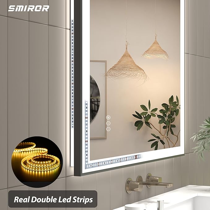 SMIROR 28x 36 Inch Lighted Mirrors with Black Frame for Bathroom Wall, Smart Led Vanity Mirrors, Front and Backlit, Dimmable, Anti-Fog, Memory, Shatterproof, ETL Listed (Horizontal/Vertical)