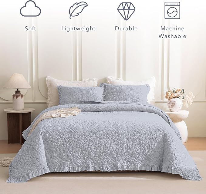 QSH 3PCs Cornflower Blue Oversized King Quilt Bedspread Set(120"x120"),Stonewashed Cotton Ruffle Quilt California King,Soft Lightweight Crinkled Shabby Bedspread Coverlet Bedding Set for All Seasons