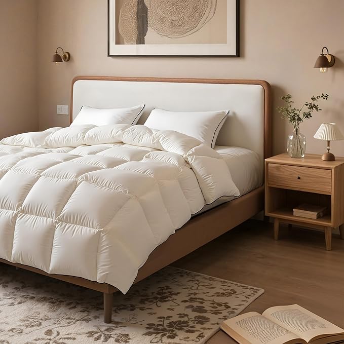 Fluffy Goose Feather Down Fiber Comforter Full, Luxury Cozy Hotel Quilted Duvet Insert, All Season Aesthetic Comfortable Bedding Duvet with Cotton Blend Shell 82x86Inch
