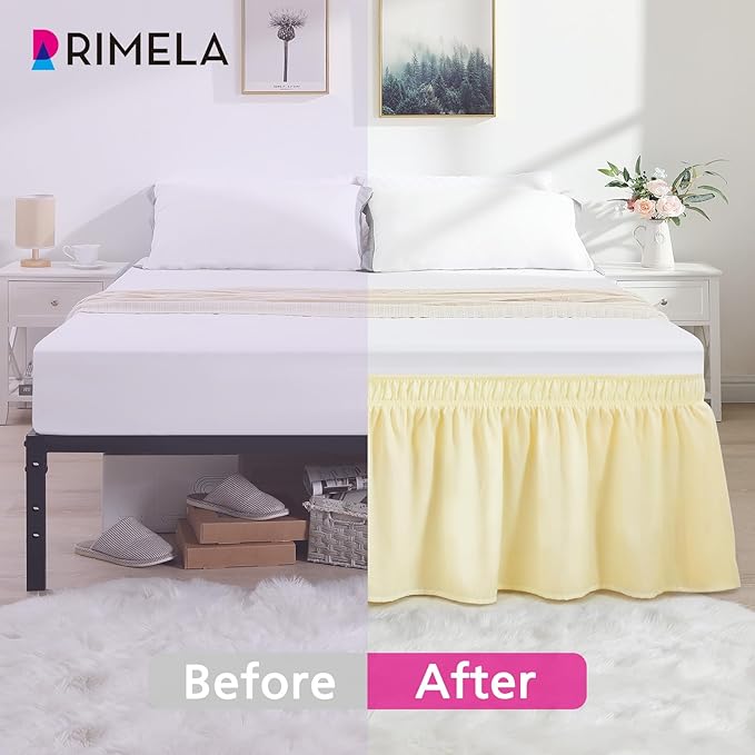 RIMELA Bed Skirt Queen Size 14 Inch Drop, Wrap Around Elastic Bedskirt Solid Microfiber Luxury Hotel Quality Fabric, Easy to Install Machine Washable Wrinkle & Fade Resistant, Beige Yellow
