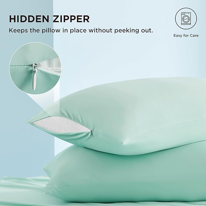 Bedsure Cooling Pillow Cases, Zipper Pillow Cases Queen Size Set of 2, Cool Pillowcases for Hot Sleepers & Night Sweats, Soft & Breathable Cold Pillow Covers for Hair & Skin, Gift, Green, 20x30 Inches