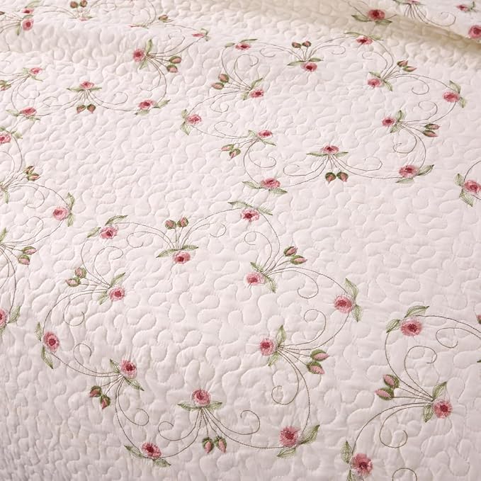 Quilt Set Floral Leaves 3D Embroidery Pattern 3 PCS Cotton Reversible Quilted Embroidered Decorative Bedspreads Coverlet Set, Lightweight &Soft Queen Size Beige Bedding Coverlet for All Season