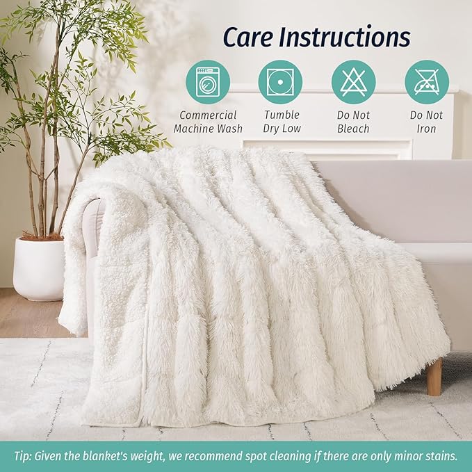Wemore Shaggy Long Fur Faux Fur Weighted Blanket, Cozy and Fluffy Plush Sherpa Long Hair Blanket for Adult 15lbs, Fluffy Fuzzy Sherpa Reverse Heavy Blankets for Bed, Couch, Cream White, 60 x 80 Inches
